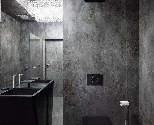 Elegancka łIndustrialna łazienka w czerni i graficieazienka cała w laminamie A8 Architektura