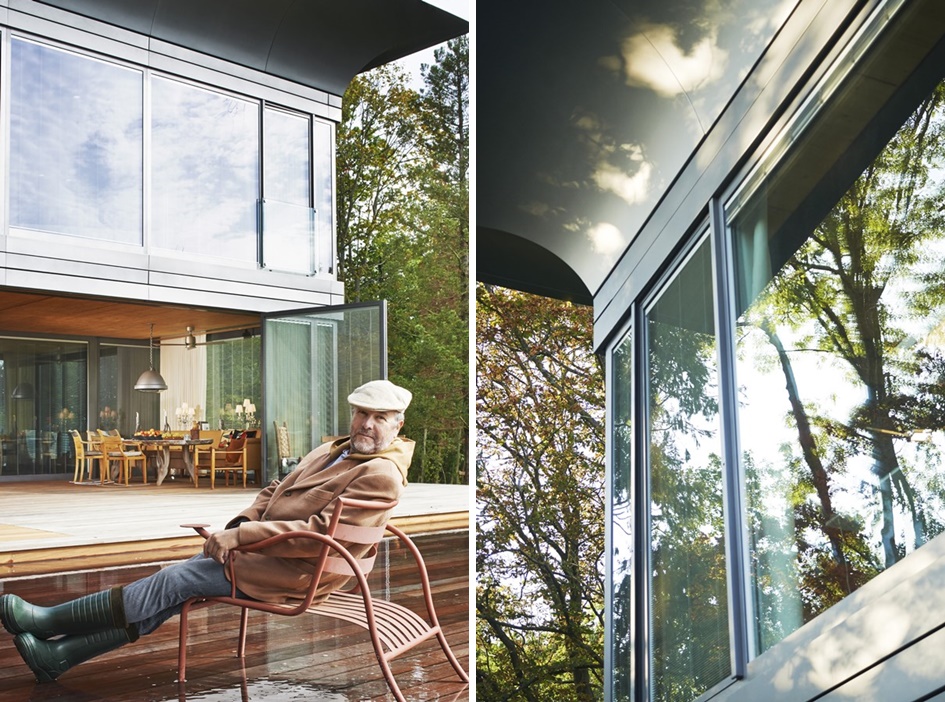 Philippe Starck przed domem P.A.T.H. Starck na tarasie samowystarczalnego domu P.A.T.H.