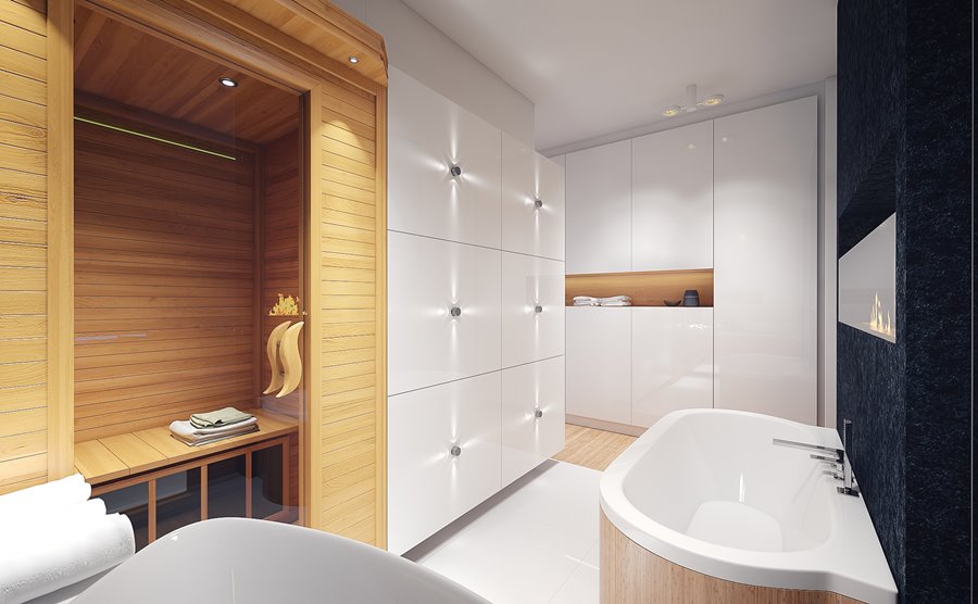 Projekt białej łazienki z sauną Concept Architektura Wnętrz