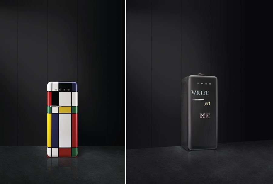art design fridge - lodówka Smeg inspirowana malarstwem Mondriana i nowy model, po którym można pisać kredą