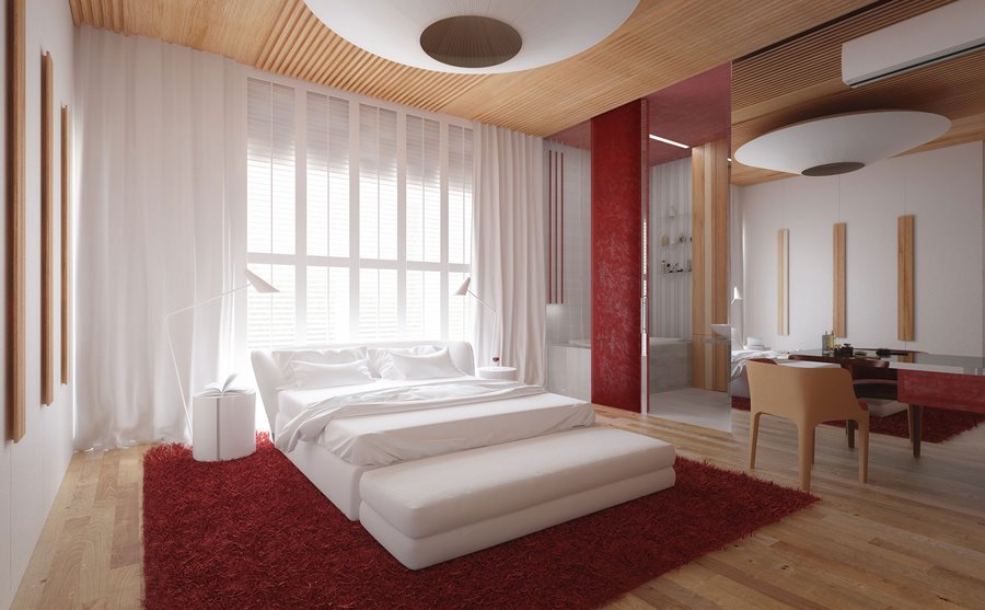 Czerwień i jasne drewno w sypialni Concept