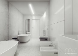 Lustrzana ściana w białej łazience Mus Architects