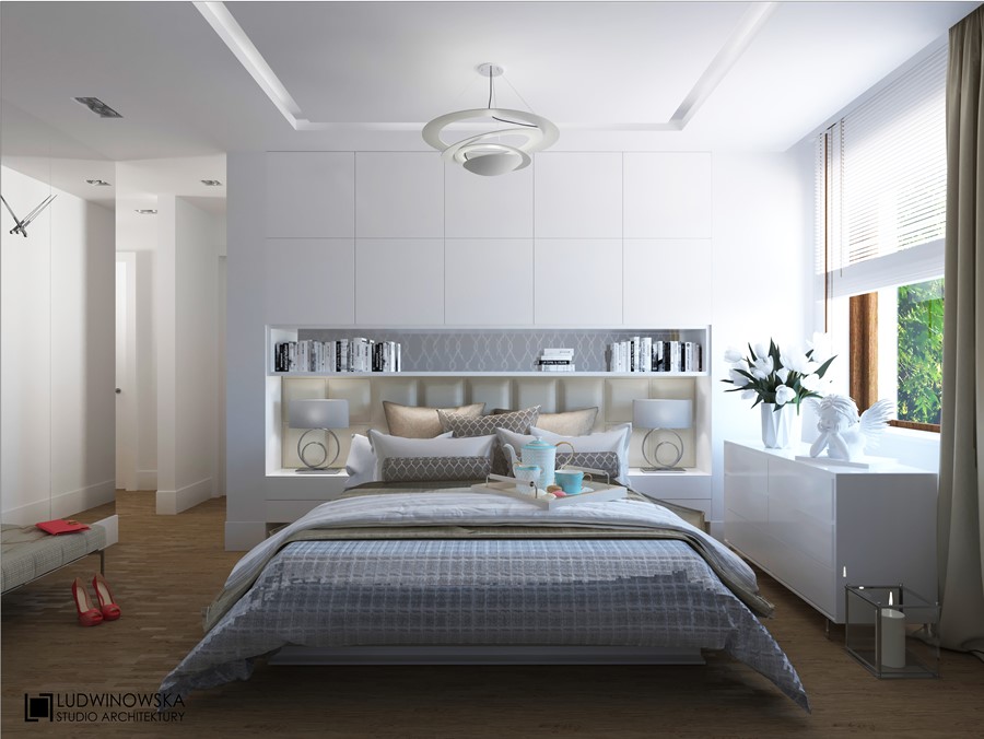 Projekt sypialni z zabudowanym wezgłowiem łóżka Ludwinowska