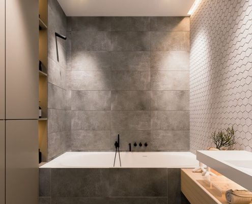 Szarości w nowoczesnej łazience z wanną Hi-light Architectures