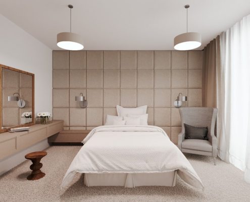 Beżowa sypialnia z tapicerowaną ścianą Nasciturus Design