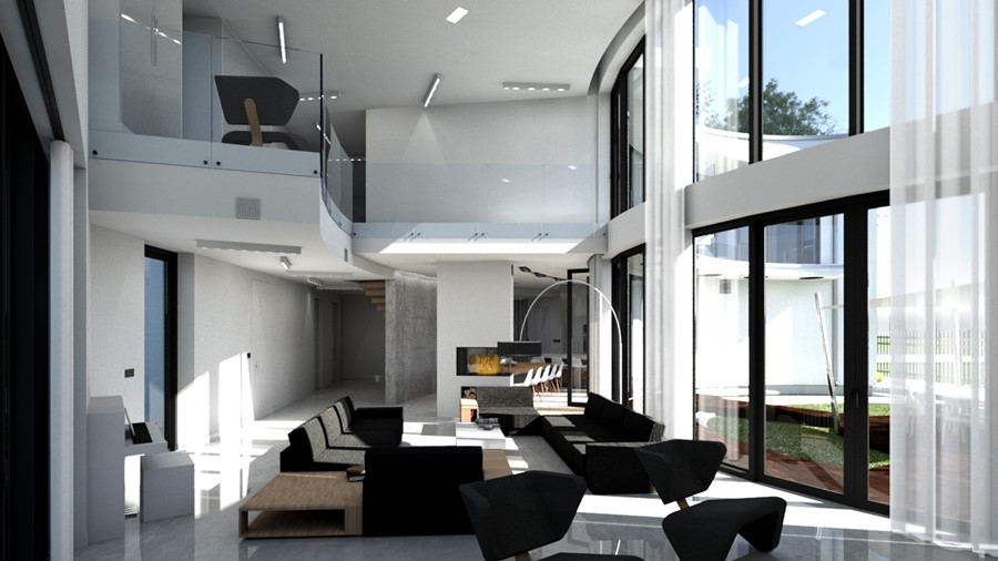Czerń i biel w salonie z antresolą A8 Architektura - przestronne wnętrza