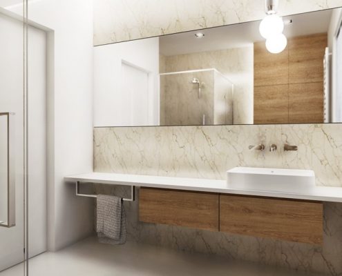 Kamień i drewno w łazience Nasciturus Designn
