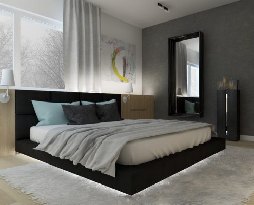 Podświetlane łóżko w minimalistycznej sypialni Nasciturus Design