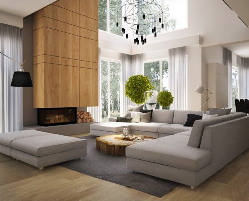 Pokój dzienny z widokiem na las Nasciturus Design