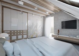 Projekt sypialni na poddaszu wykończonej drewnem Concept