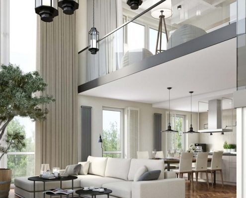 Dwupoziomowy salon w nowoczesny stylu Mikołajska