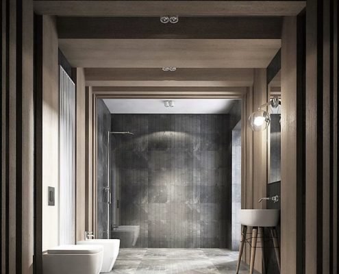 Minimalistyczny pokój kąpielowy w drewnie - Jach Architekci