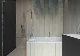 Czerń i jasne drewno w łazience - Concept