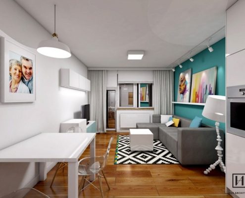 Kolorowe wnętrze jasnego mieszkania - Huk Architekci