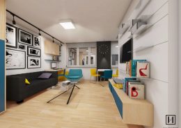Kolorowy pokój dzienny z aneksem kuchennym - Huk Architekci