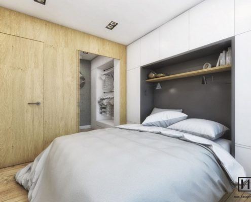Sypialnia z zabudowanym wezgłowiem łóżka - Huk Architekci
