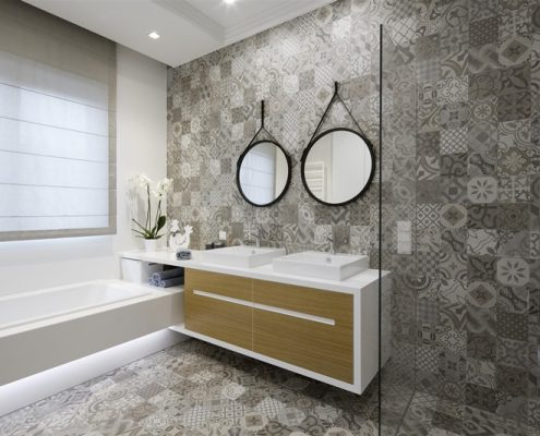 Szare płytki w nowoczesnej łazience z wanną - Hola Design