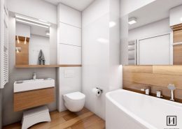 Wystrój łazienki w bieli i drewnie - Huk Architekci