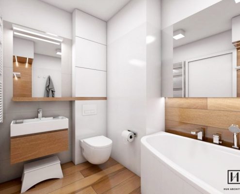 Wystrój łazienki w bieli i drewnie - Huk Architekci