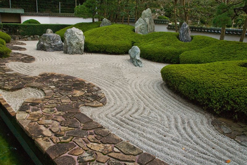 Ogród Karesansui z motywem skał i zielonych dywanów