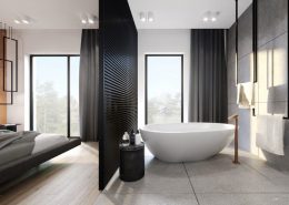 Duża, minimalistyczna sypialnia z łazienką - Kando
