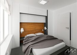 Drewniane wezgłowie w białej sypialni