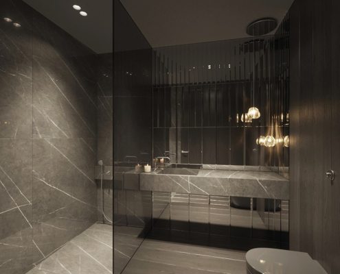 Projekt ciemnej łazienki z prysznicem