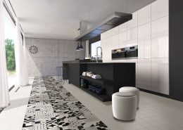 Czarno-biała, wzorzysta mozaika w kuchni Tangle