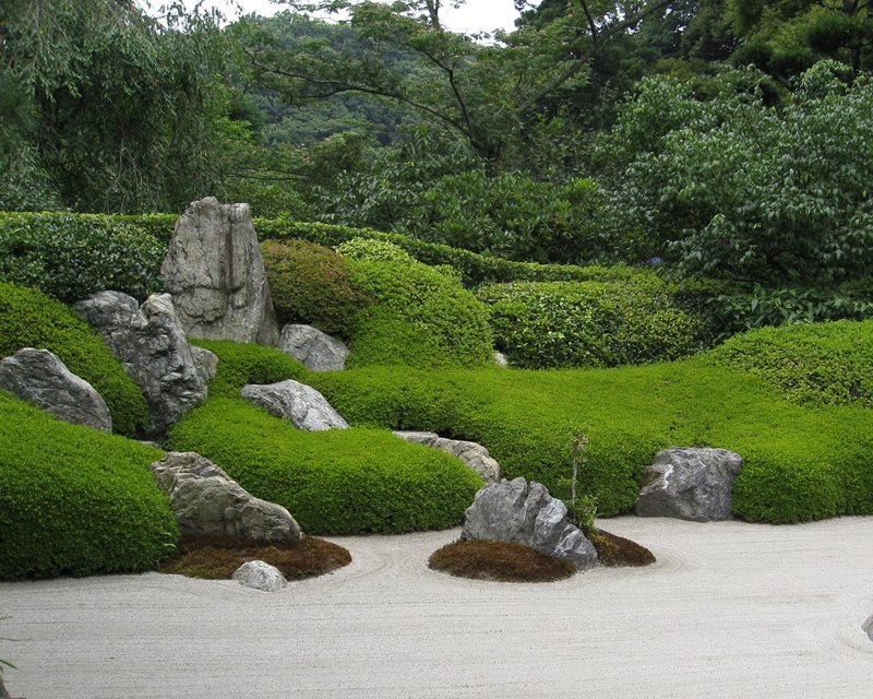 Ogród z motywem skał i zielonych dywanów