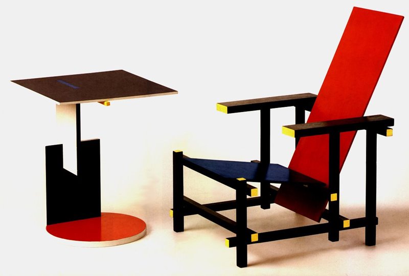 Designerskie krzesła Czerwono-niebieskie krzesło Gerrita Rietvelda w stylu De Stijl