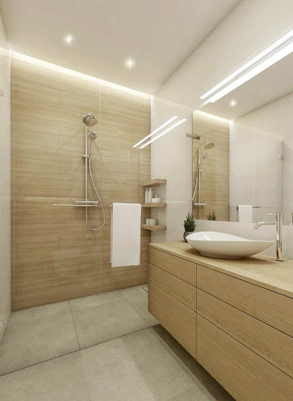 Biel i drewno w nowoczesnej łazience z prysznicem
