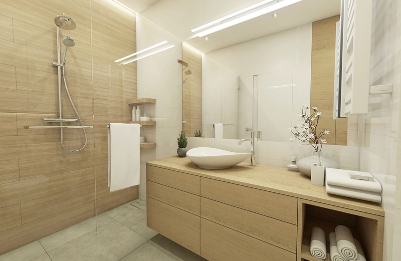 Biel i drewno w nowoczesnej łazience z prysznicem