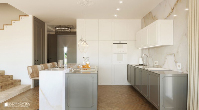 Biało-beżowy salon z kuchnią w stylu modern classic
