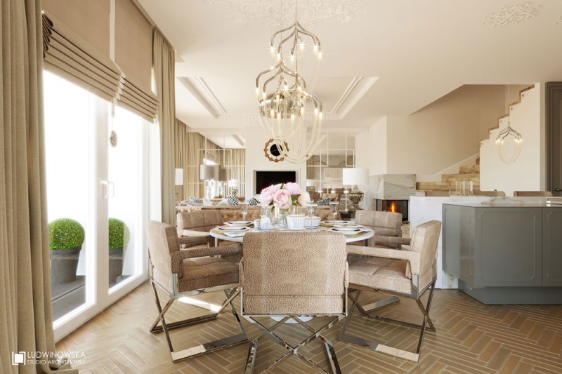 Biało-beżowy salon z kuchnią w stylu modern classic