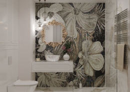 Kwiecista mozaika w białej łazience