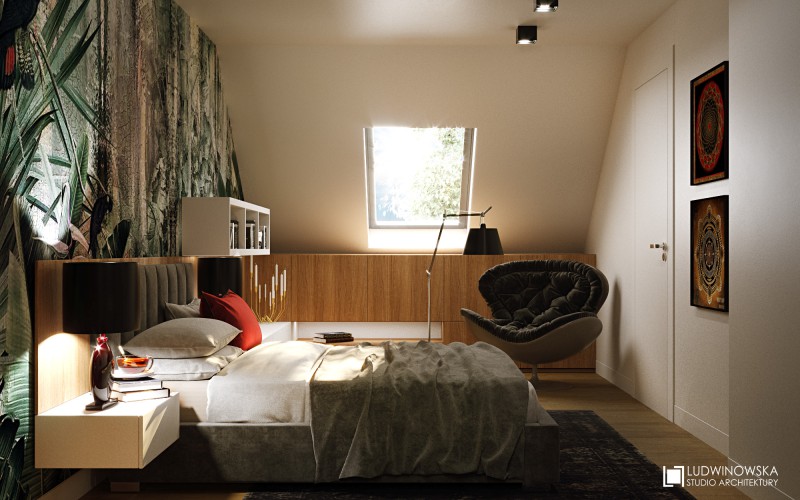 Zieleń i drewno w sypialni na poddaszu