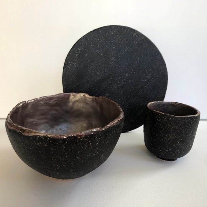 Ceramiczny zestaw śniadaniowy czarna zastawa rękodzieło Ceramiczny zestaw śniadaniowy czarna zastawa rękodzieło