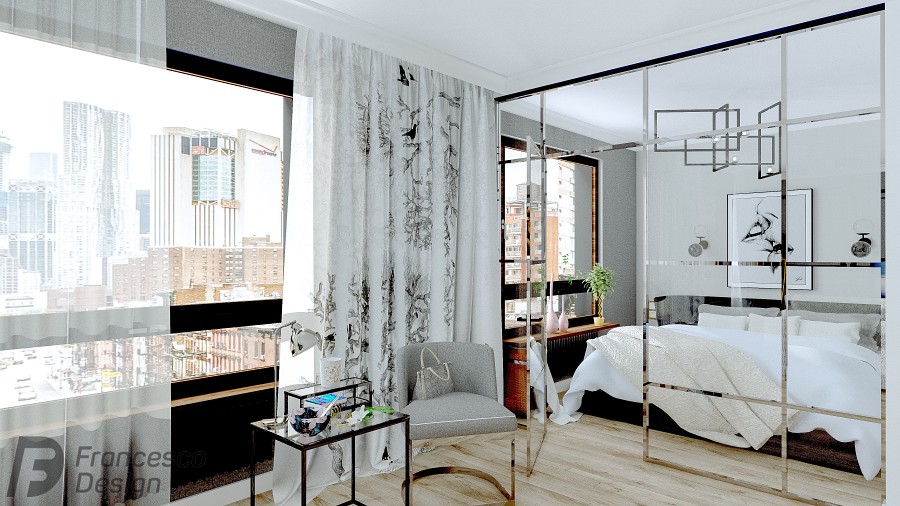 Szary apartament z przeszkloną sypialnią 1