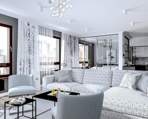 Szary apartament z przeszkloną sypialnią