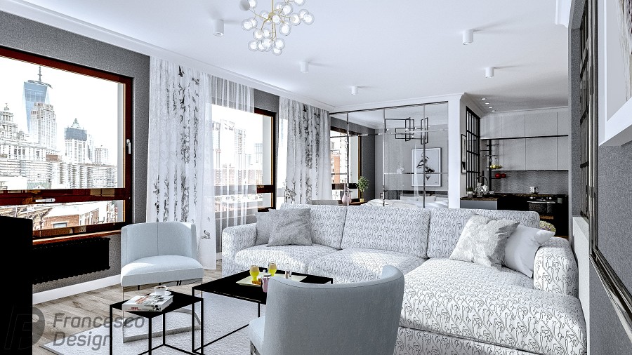 Szary apartament z przeszkloną sypialnią Szary apartament z przeszkloną sypialnią